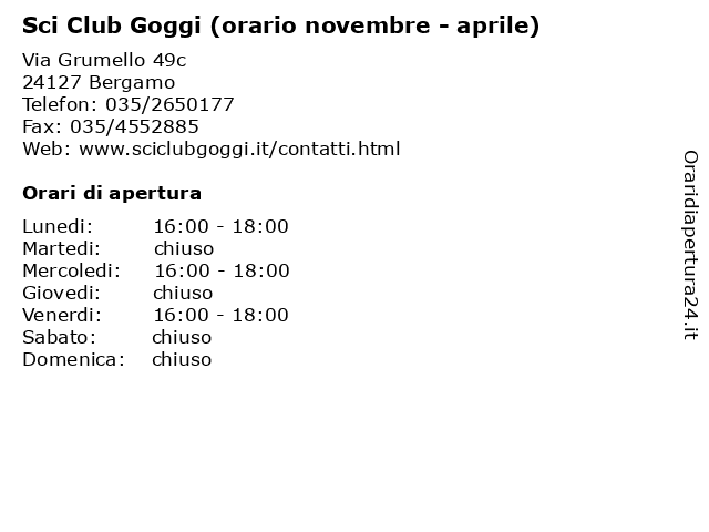Sci Club Goggi (orario novembre - aprile) a Bergamo: indirizzo e orari di apertura