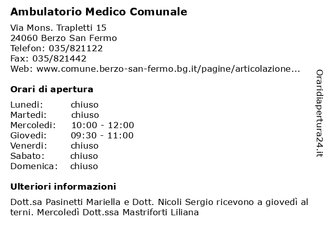 Ambulatorio Medico Comunale a Berzo San Fermo: indirizzo e orari di apertura