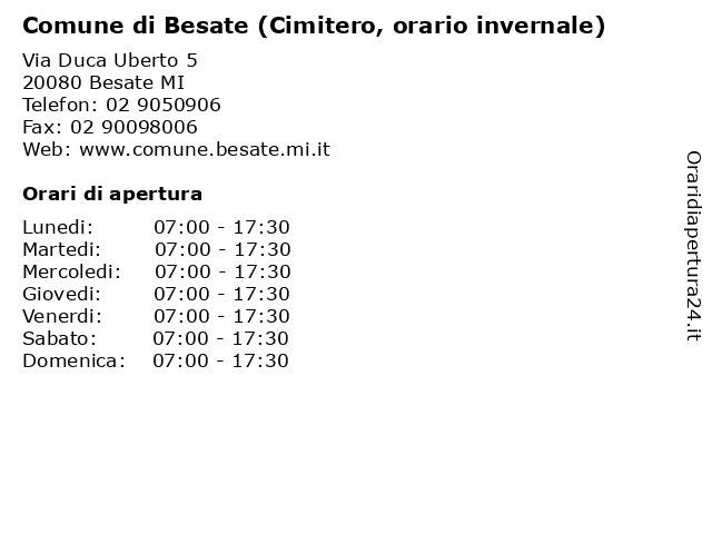 Comune di Besate (Cimitero, orario invernale) a Besate MI: indirizzo e orari di apertura