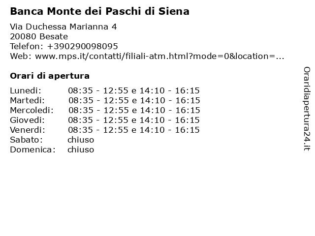 Banca Monte dei Paschi di Siena a Besate: indirizzo e orari di apertura