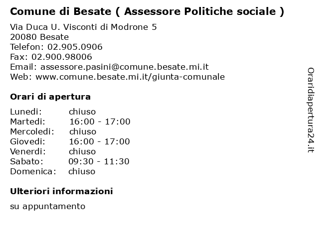 Comune di Besate ( Assessore Politiche sociale ) a Besate: indirizzo e orari di apertura