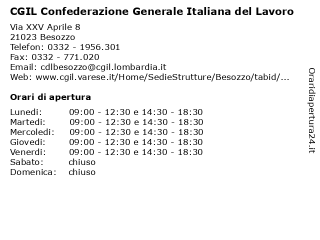 CGIL Confederazione Generale Italiana del Lavoro a Besozzo: indirizzo e orari di apertura