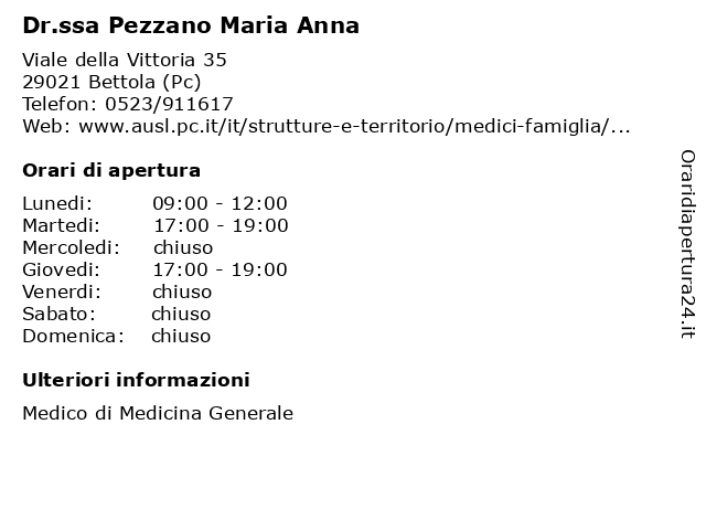 Dr.ssa Pezzano Maria Anna a Bettola (Pc): indirizzo e orari di apertura