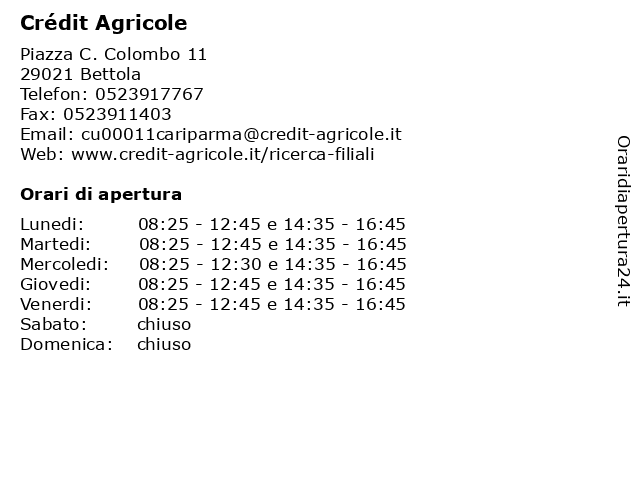 Crédit Agricole a Bettola: indirizzo e orari di apertura