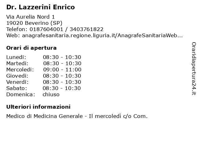 Dr. LAZZERINI ENRICO a Beverino (SP): indirizzo e orari di apertura