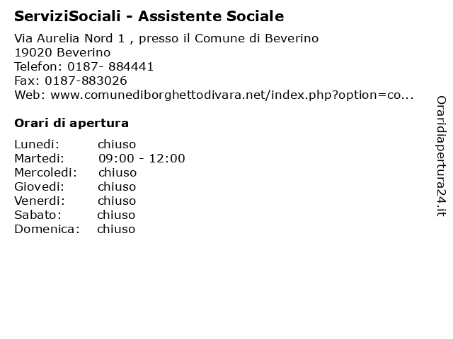 ServiziSociali - Assistente Sociale a Beverino: indirizzo e orari di apertura