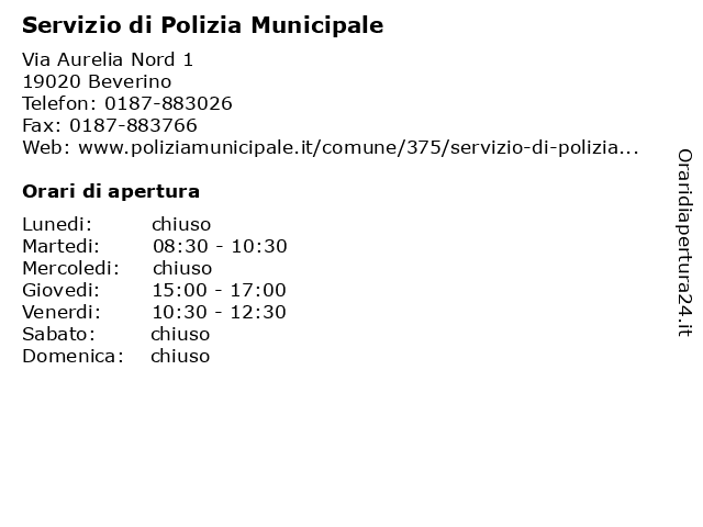 Servizio di Polizia Municipale a Beverino: indirizzo e orari di apertura