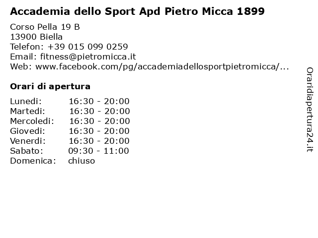 ᐅ Orari Accademia Dello Sport Apd Pietro Micca 19 Corso Pella 19 B Biella