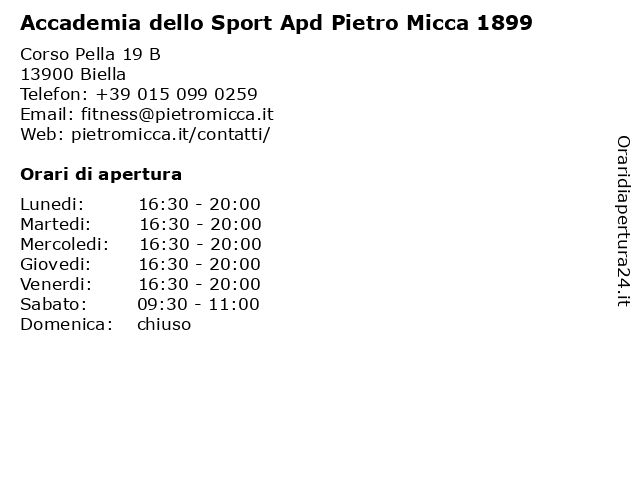 ᐅ Orari Accademia Dello Sport Apd Pietro Micca 19 Corso Pella 19 B Biella