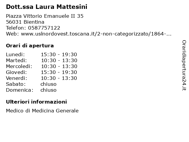 Dott.ssa Laura Mattesini  a Bientina: indirizzo e orari di apertura