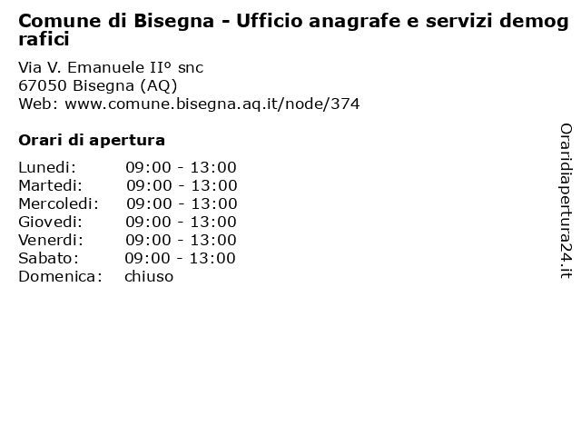 Comune di Bisegna - Ufficio anagrafe e servizi demografici a Bisegna (AQ): indirizzo e orari di apertura