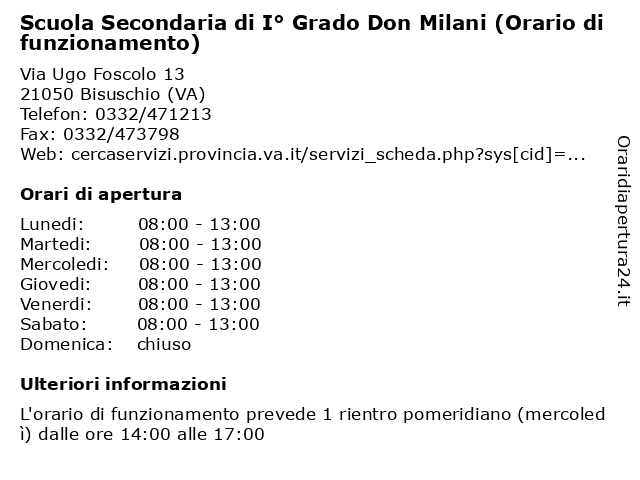 Scuola Secondaria di I° Grado Don Milani (Orario di funzionamento) a Bisuschio (VA): indirizzo e orari di apertura