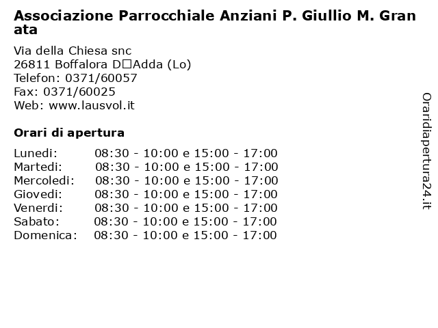Associazione Parrocchiale Anziani P. Giullio M. Granata a Boffalora D’Adda (Lo): indirizzo e orari di apertura