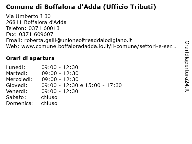 Comune di Boffalora d'Adda (Ufficio Tributi) a Boffalora d'Adda: indirizzo e orari di apertura