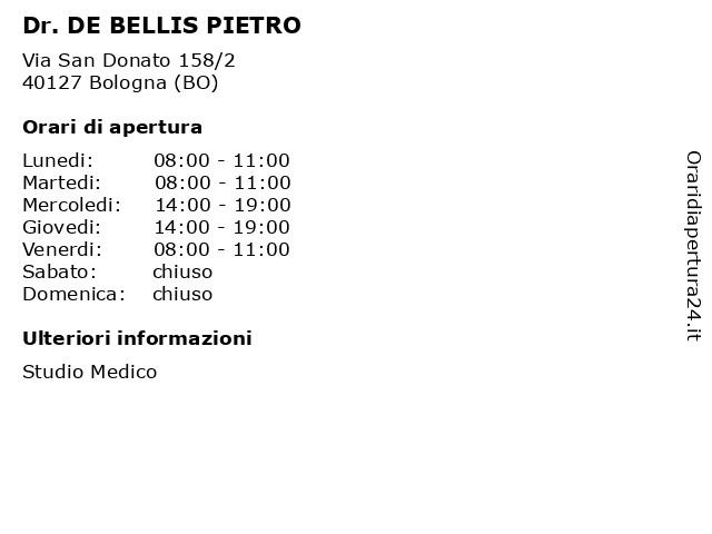 Dr. DE BELLIS PIETRO a Bologna (BO): indirizzo e orari di apertura