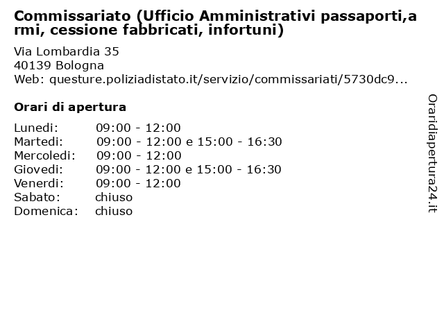 Commissariato (Ufficio Amministrativi passaporti,armi, cessione fabbricati, infortuni) a Bologna: indirizzo e orari di apertura