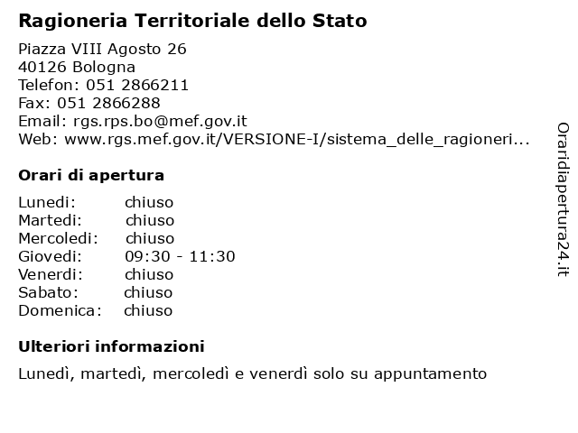 Ragioneria Territoriale dello Stato (Pensioni di Guerra) a Bologna: indirizzo e orari di apertura