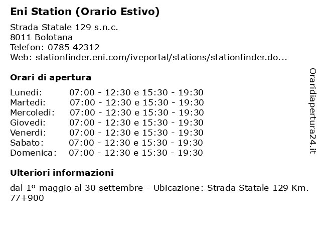 Eni Station (Orario Estivo) a Bolotana: indirizzo e orari di apertura