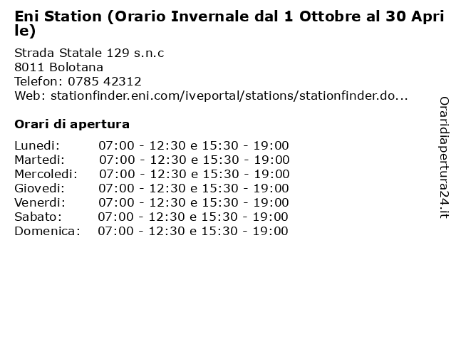 Eni Station (Orario Invernale dal 1 Ottobre al 30 Aprile) a Bolotana: indirizzo e orari di apertura