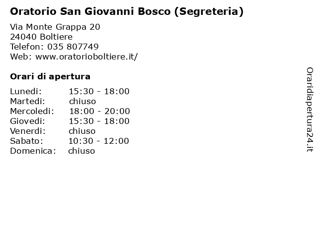 Oratorio San Giovanni Bosco (Segreteria) a Boltiere: indirizzo e orari di apertura