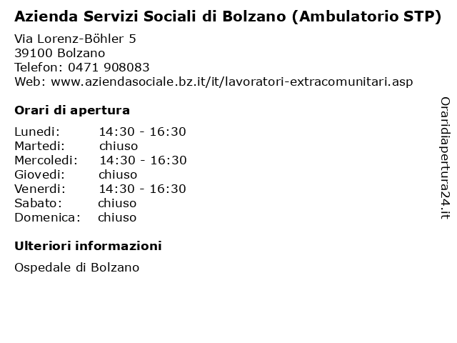 Azienda Servizi Sociali di Bolzano (Ambulatorio STP) a Bolzano: indirizzo e orari di apertura