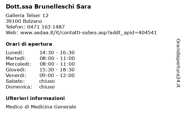 Dott.ssa Brunelleschi Sara a Bolzano: indirizzo e orari di apertura