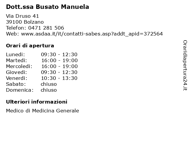Dott.ssa Busato Manuela a Bolzano: indirizzo e orari di apertura
