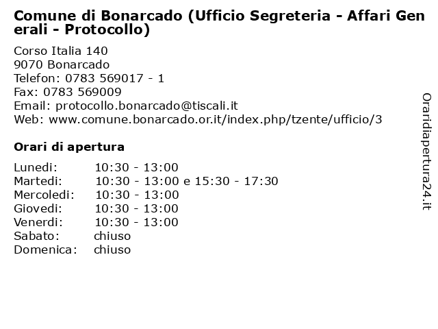 Comune di Bonarcado (Ufficio Segreteria - Affari Generali - Protocollo) a Bonarcado: indirizzo e orari di apertura