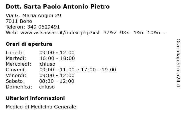 Dott. Sarta Paolo Antonio Pietro a Bono: indirizzo e orari di apertura