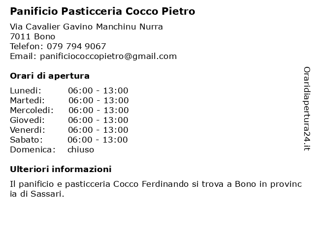Panificio Pasticceria Cocco Pietro a Bono: indirizzo e orari di apertura