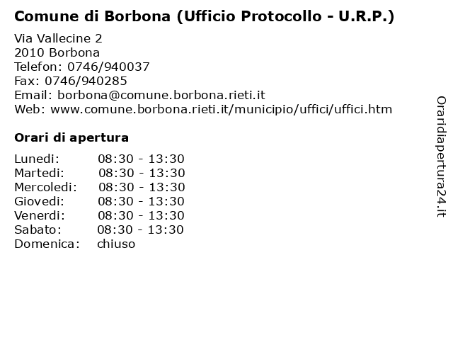 Comune di Borbona (Ufficio Protocollo - U.R.P.) a Borbona: indirizzo e orari di apertura