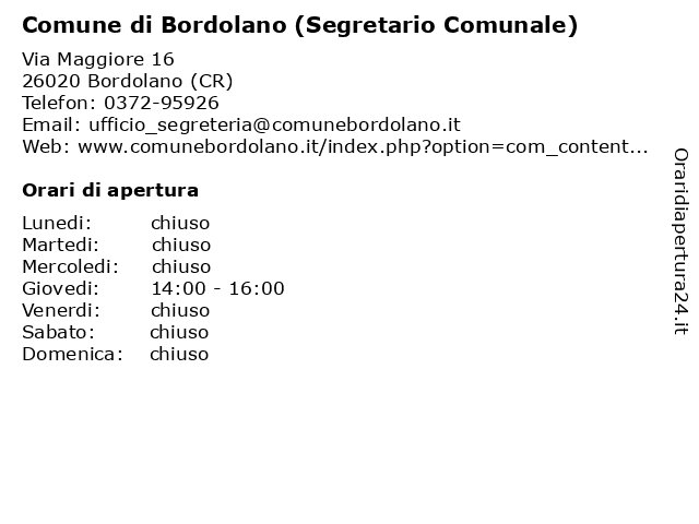 Comune di Bordolano (Segretario Comunale) a Bordolano (CR): indirizzo e orari di apertura