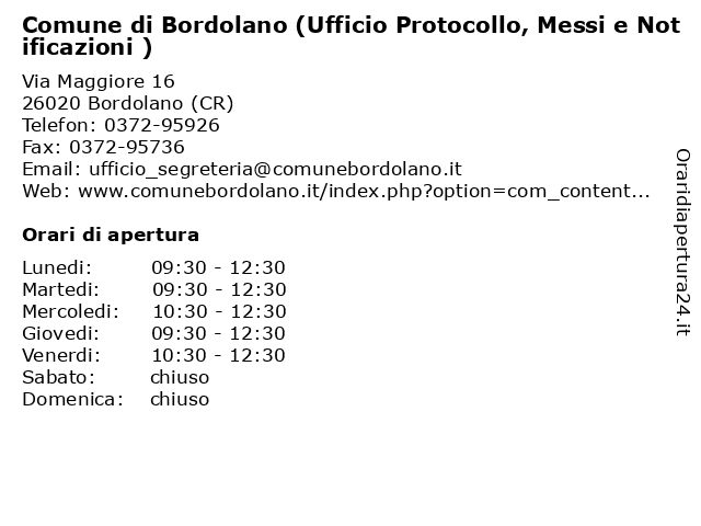 Comune di Bordolano (Ufficio Protocollo, Messi e Notificazioni ) a Bordolano (CR): indirizzo e orari di apertura