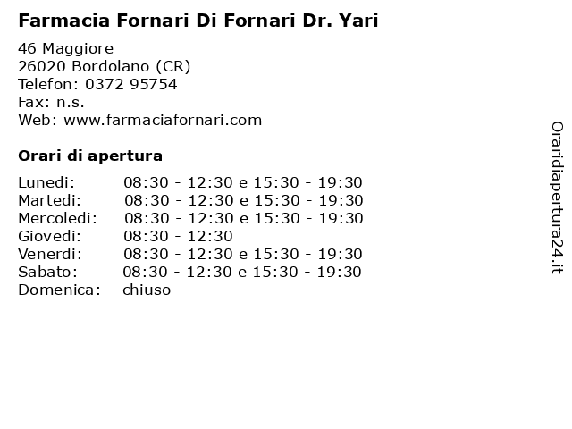 Farmacia Fornari Di Fornari Dr. Yari a Bordolano (CR): indirizzo e orari di apertura