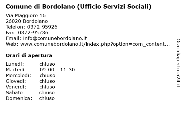 Comune di Bordolano (Ufficio Servizi Sociali ) a Bordolano: indirizzo e orari di apertura