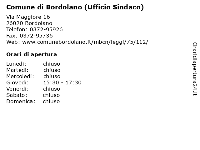 Comune di Bordolano (Ufficio Sindaco) a Bordolano: indirizzo e orari di apertura