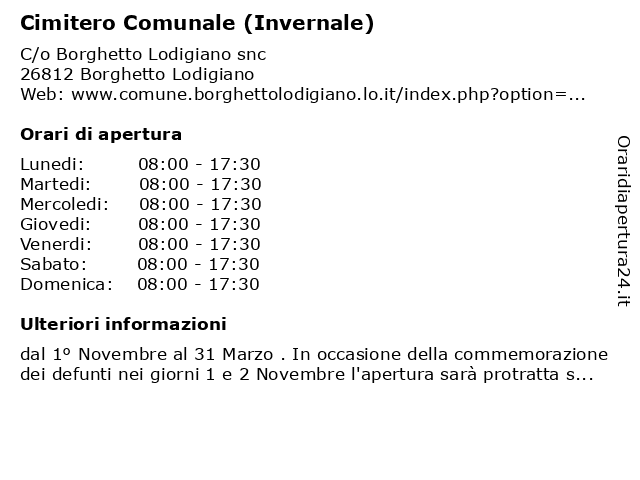 Cimitero Comunale (Invernale) a Borghetto Lodigiano: indirizzo e orari di apertura