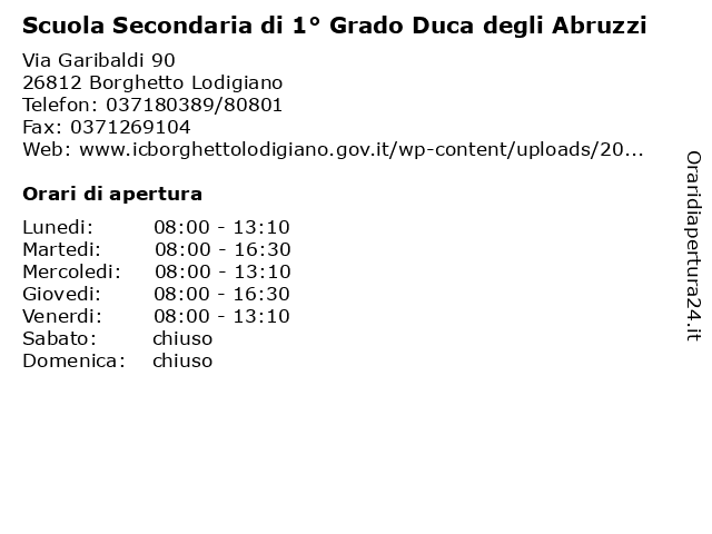 Scuola Secondaria di 1° Grado Duca degli Abruzzi a Borghetto Lodigiano: indirizzo e orari di apertura