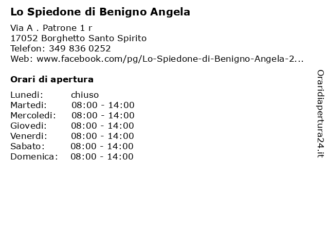 Lo Spiedone di Benigno Angela a Borghetto Santo Spirito: indirizzo e orari di apertura