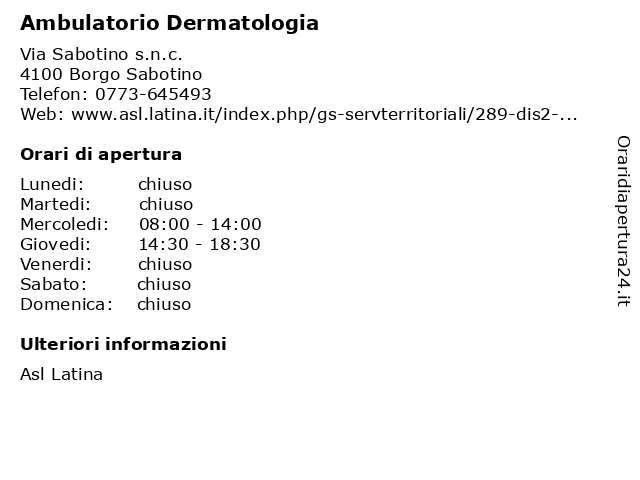 Ambulatorio Dermatologia a Borgo Sabotino: indirizzo e orari di apertura