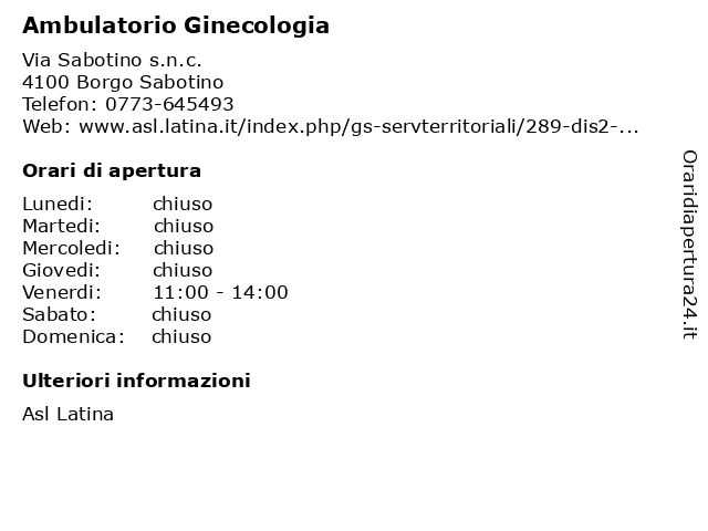 Ambulatorio Ginecologia a Borgo Sabotino: indirizzo e orari di apertura