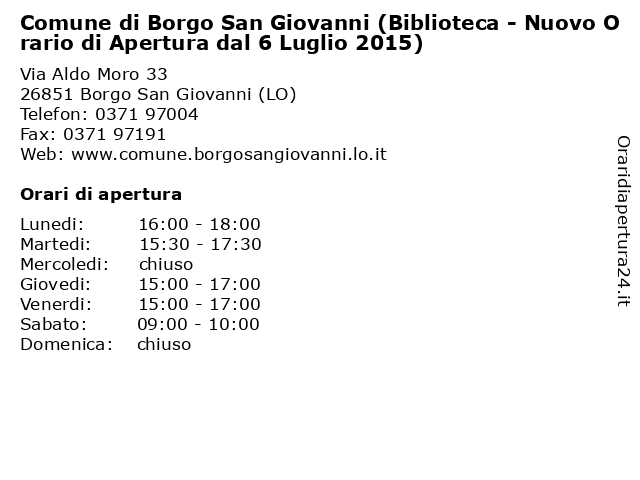 Comune di Borgo San Giovanni (Biblioteca - Nuovo Orario di Apertura dal 6 Luglio 2015) a Borgo San Giovanni (LO): indirizzo e orari di apertura