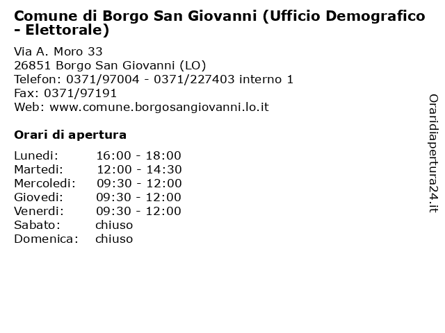Comune di Borgo San Giovanni (Ufficio Demografico - Elettorale) a Borgo San Giovanni (LO): indirizzo e orari di apertura