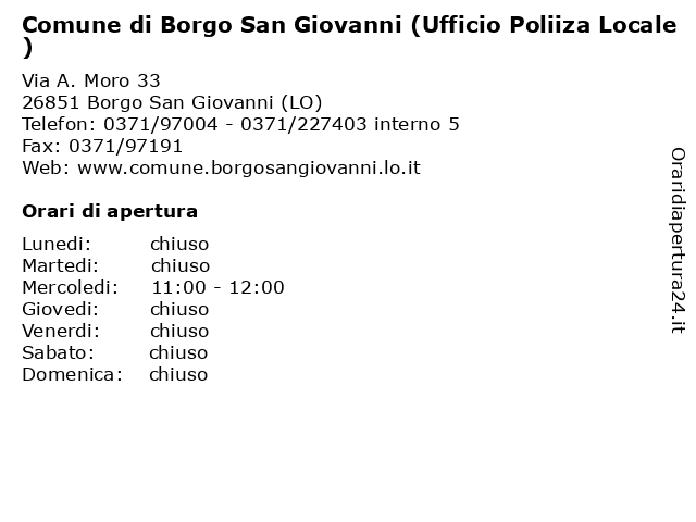 Comune di Borgo San Giovanni (Ufficio Poliiza Locale) a Borgo San Giovanni (LO): indirizzo e orari di apertura