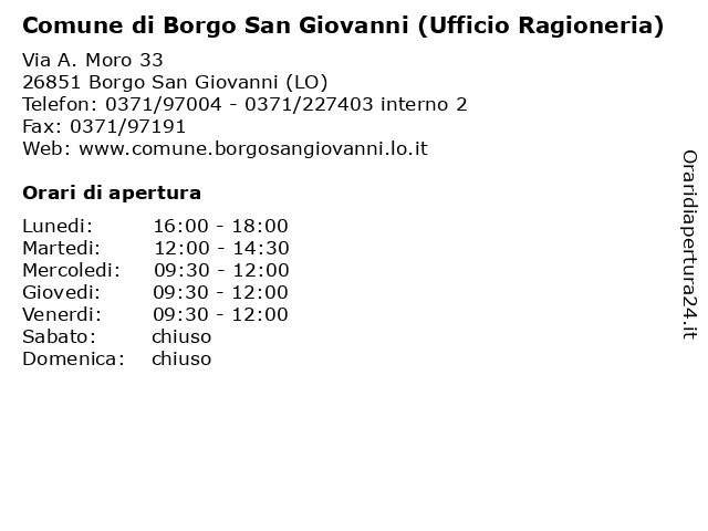 Comune di Borgo San Giovanni (Ufficio Ragioneria) a Borgo San Giovanni (LO): indirizzo e orari di apertura
