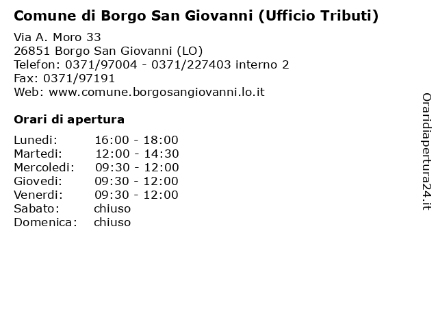 Comune di Borgo San Giovanni (Ufficio Tributi) a Borgo San Giovanni (LO): indirizzo e orari di apertura