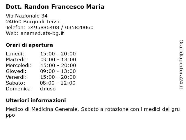 Dott. Randon Francesco Maria a Borgo di Terzo: indirizzo e orari di apertura