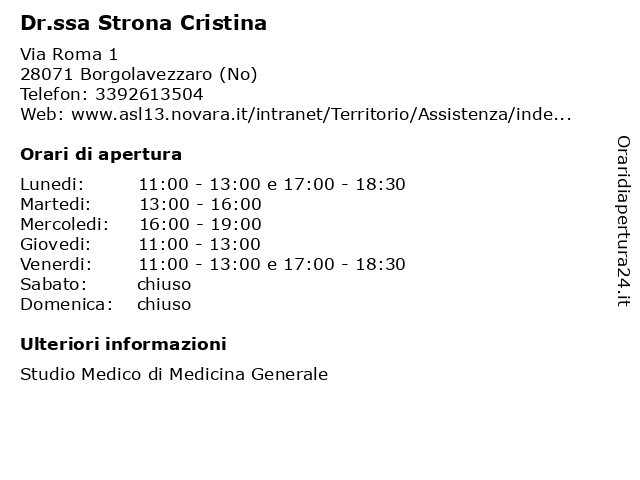 Dr.ssa Strona Cristina a Borgolavezzaro (No): indirizzo e orari di apertura