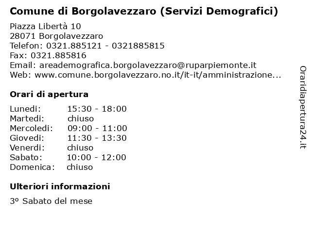Comune di Borgolavezzaro (Servizi Demografici) a Borgolavezzaro: indirizzo e orari di apertura