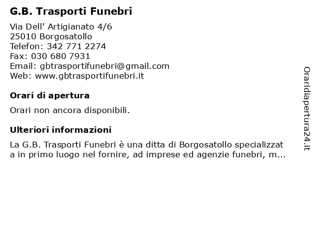 G.B. Trasporti Funebri a Borgosatollo: indirizzo e orari di apertura